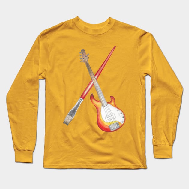 Bass Guitar and Paintbrush Music and Art Watercolor Red and Orange Long Sleeve T-Shirt by Penny Passiflora Studio